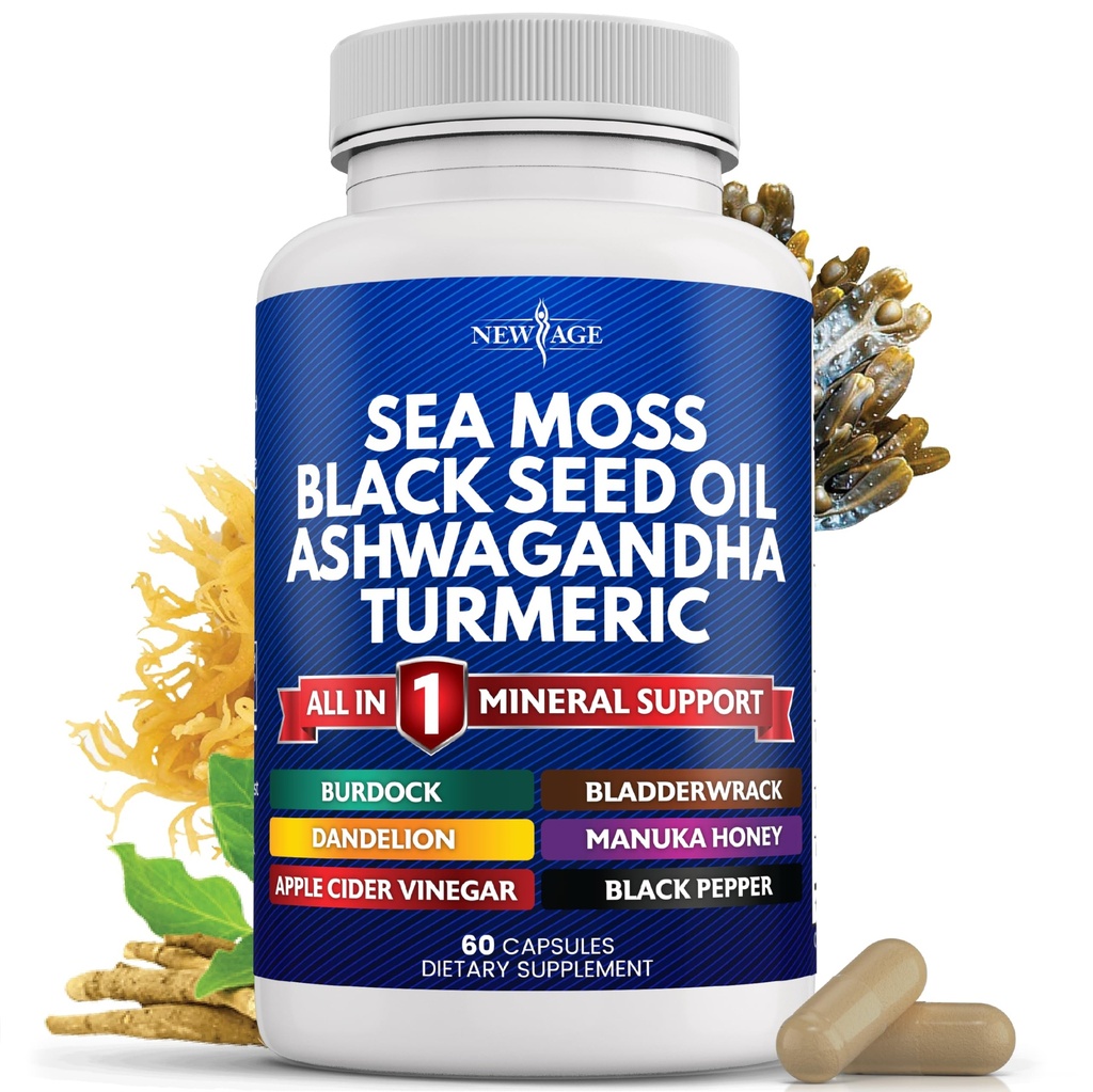 NEW AGE Sea Moss Black Seed Oil Ashwagandha Turmeric Bladderwrack Burdock - με Manuka, Honey Dandelion, ACV Μαύρο πιπέρι Χωρίς γλουτένη