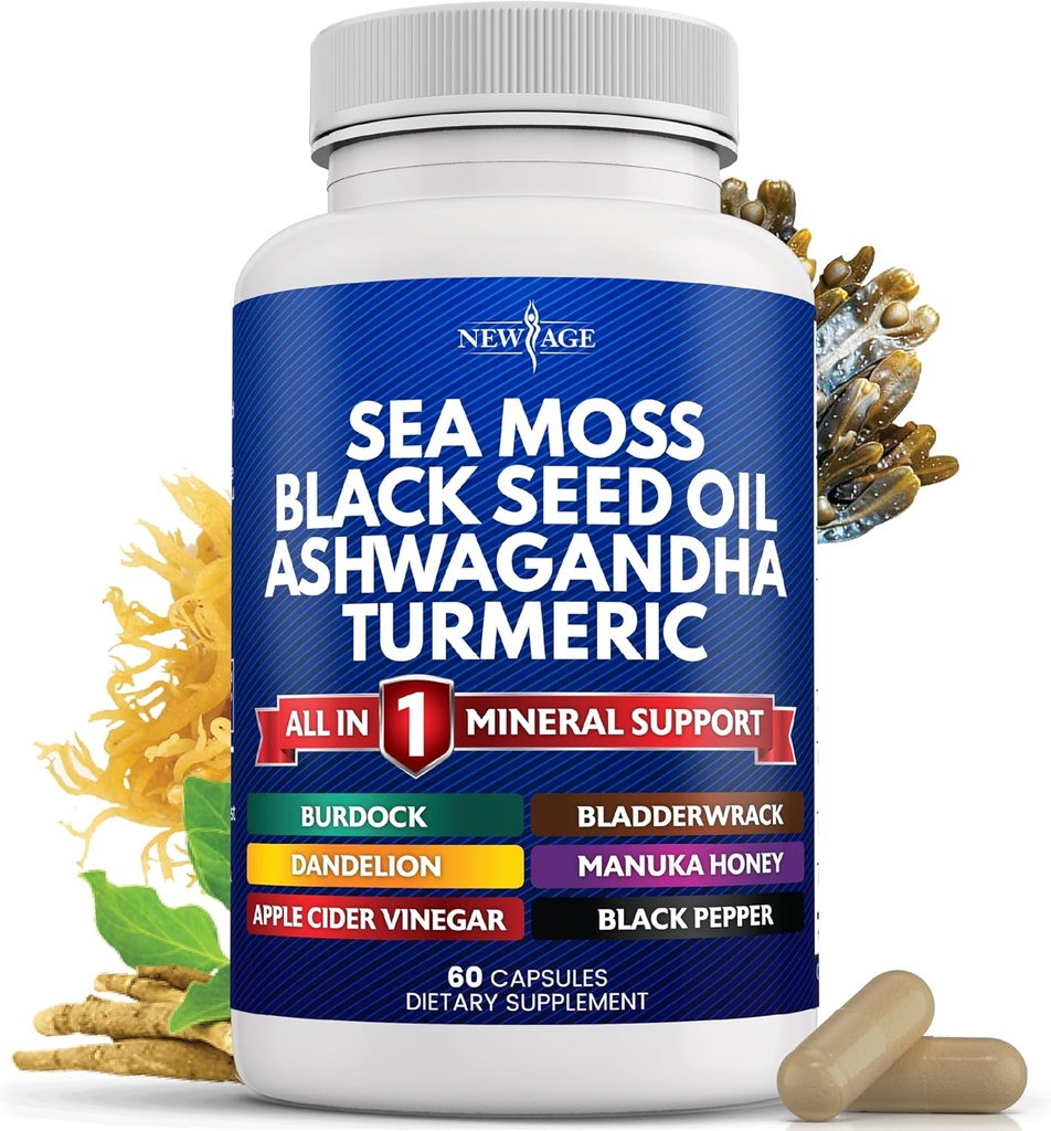 NEW AGE Sea Moss Black Seed Oil Ashwagandha Turmeric Bladderwrack Burdock - με Manuka, Honey Dandelion, ACV Μαύρο πιπέρι Χωρίς γλουτένη