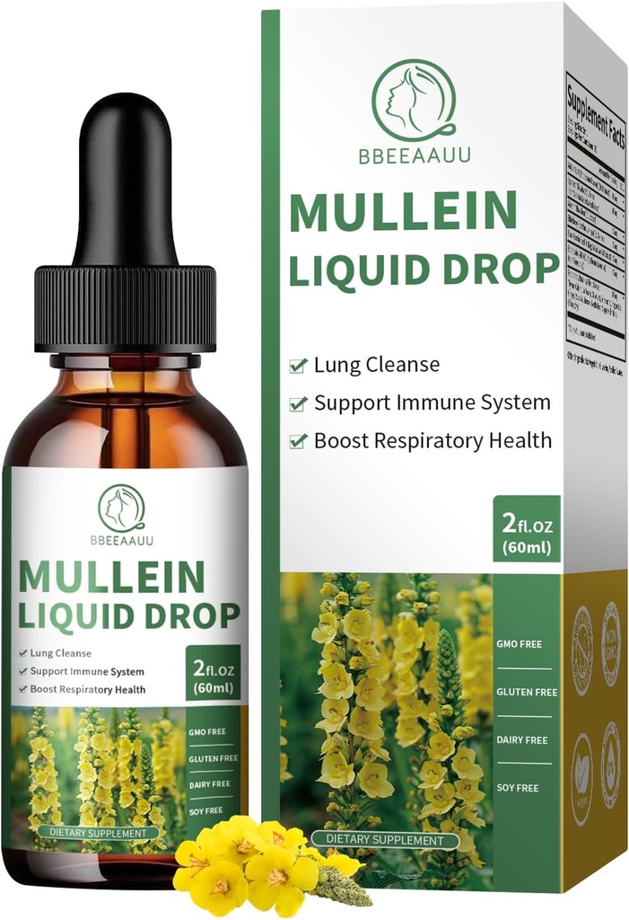 Mullein Drops for Lungs, 16-in-1 Mullein Leaf Extract for Lung Cleanse, αναπνευστική, ανοσία, με Quercetin, Marshmallow, Black Cumin Seed, Elderberry, Mullein Liquid, Non-GMO, 2 Fl Oz