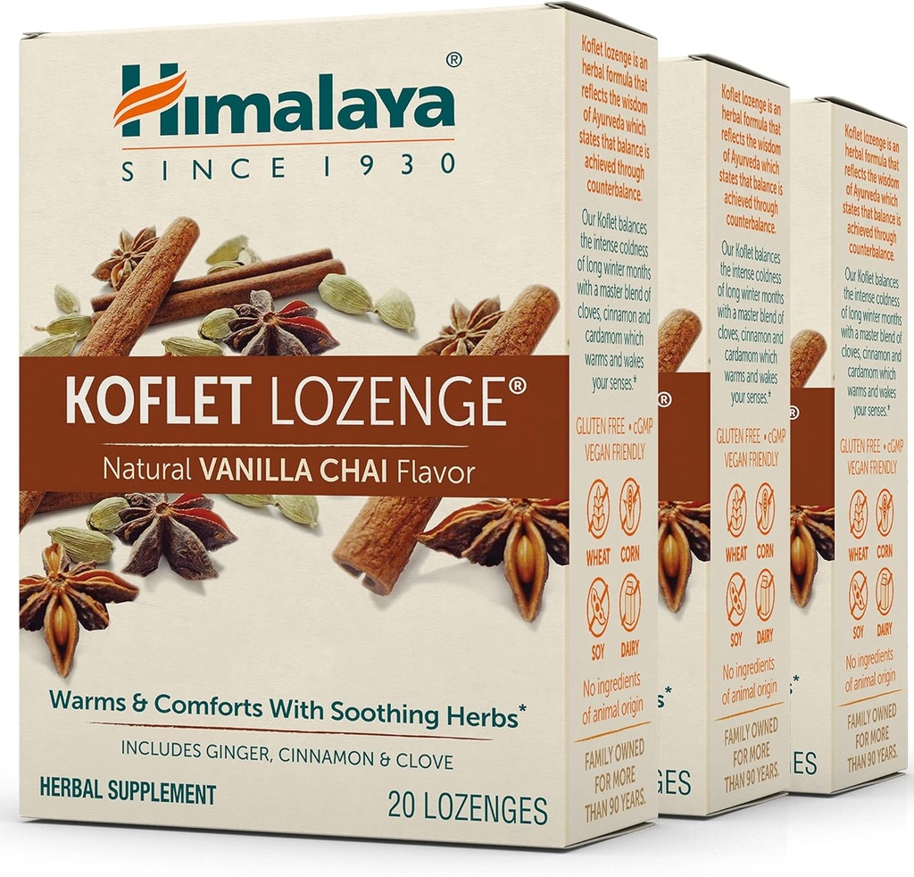 Himalaya Koflet Lozenges, Vanilla Chai Flavor, Φυσική Βήχας Drop για Θερμή Ανακούφιση και Καταπραϋντική Άνεση, 130 mg, 20 Lozenges, 3 Pack