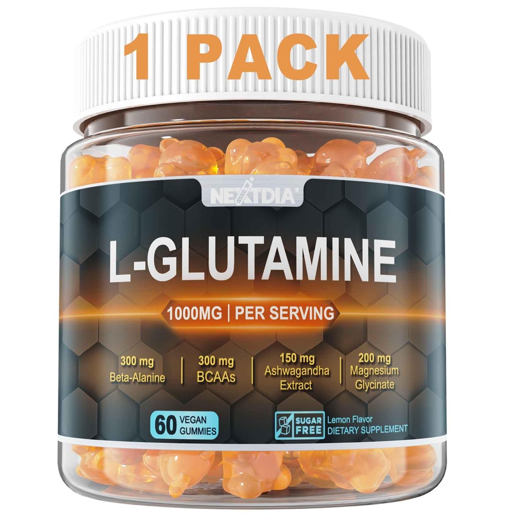 L-Glutamine 1000mg Gummies για γυναίκες & άνδρες με Βήτα-Αλανίνη, BCAAs, Μαγνήσιο Γλυκινικό, Κάλιο & Ashwagandha 