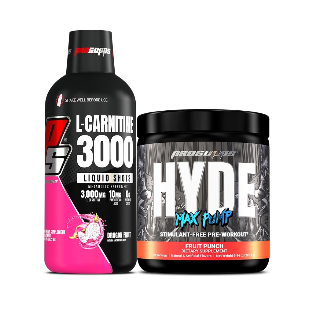 PROSUPPS L-Καρνιτίνη 3000 Διεγερτικές δωρεάν ενέσεις υγρών (Δράκων Φρούτα) και Hyde Max αντλία προ προπόνηση για άνδρες και γυναίκες (Fruit Punch) Bundle