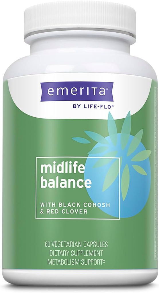Emerita by Life-flo Ισορροπία μέσης ζωής, Συμπληρώματα εμμηνόπαυσης για γυναίκες, Υγιεινή Υποστήριξη Ισορροπίας με Μαύρο Cohosh και Κόκκινο Κλόβερ, Εγγύηση 60 ημερών, Δεν έχει δοκιμαστεί σε ζώα, 30 Υπηρεσίες, 60 VegCaps