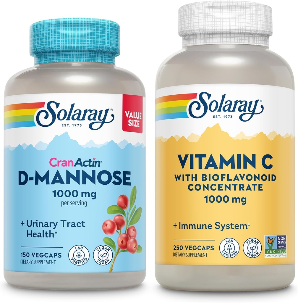 SOLARAY D-Mannose 1000mg με CranActin Cranberry Extract (150ct) και Βιταμίνη C 1000mg με Bioflavonoids (250ct) - Ουρολοίμωξη, την υγεία της ουροδόχου κύστης και το ανοσοποιητικό πακέτο στήριξης - Vegan, 60 ημέρες εγγύηση