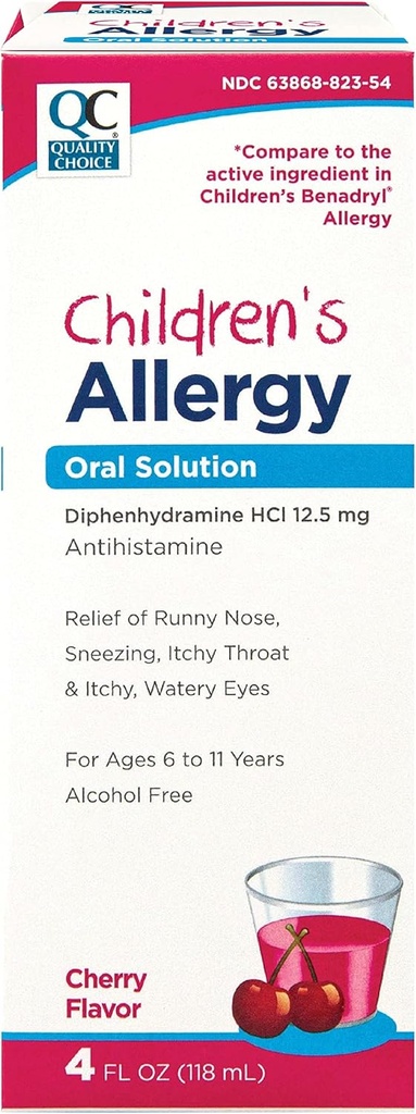 Quality Choice Children's Allergy Medicine, Μη Νυσταγμένη Υγρή Αντιισταμινική Λύση. Χωρίς αλκοόλ Cherry Γεύση Ενεργή διφαινυδραμίνη για βήχα, Runny μύτη, φαγούρα μάτια & λαρύγγι ανακούφιση 4 oz