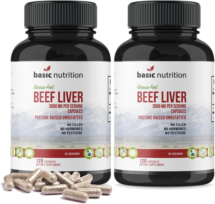 Pasture Raised Grass Fed Grass Finished Beef Liver Capsules | 3000mg Serving | 100% Hormone Free Desiccated, Undefatted Beef Liver with No Fillers, Non-GMO, Pesticide Free, Gluten-Free