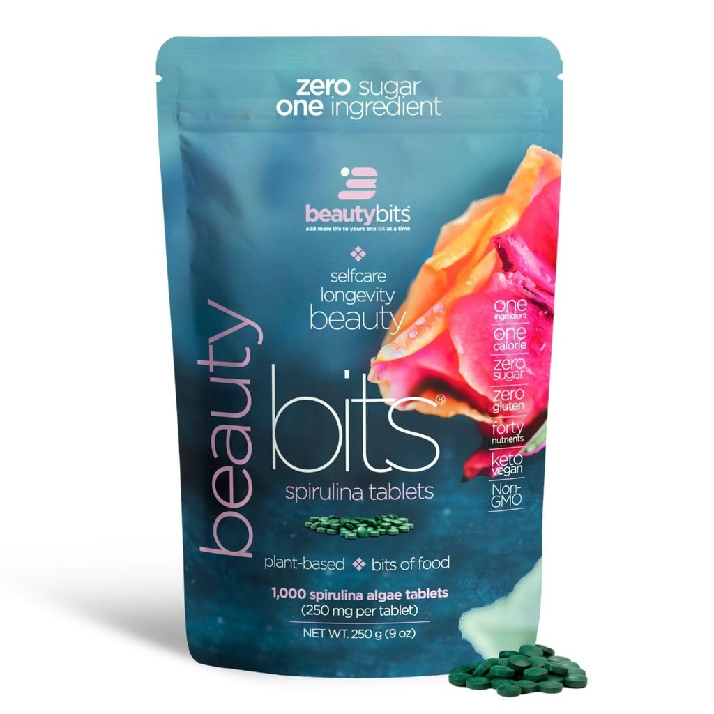 BEAUTYbits - Βιολογικά δισκία Spirulina - Algae Superfood - Collagen, Protein, Chlorophyl - Μαλλιά, νύχια, & φροντίδα του δέρματος - Vegan, Keto, Χωρίς γλουτένη - Skincare Δώρα ομορφιάς - 1000 Tablet Τσάντα