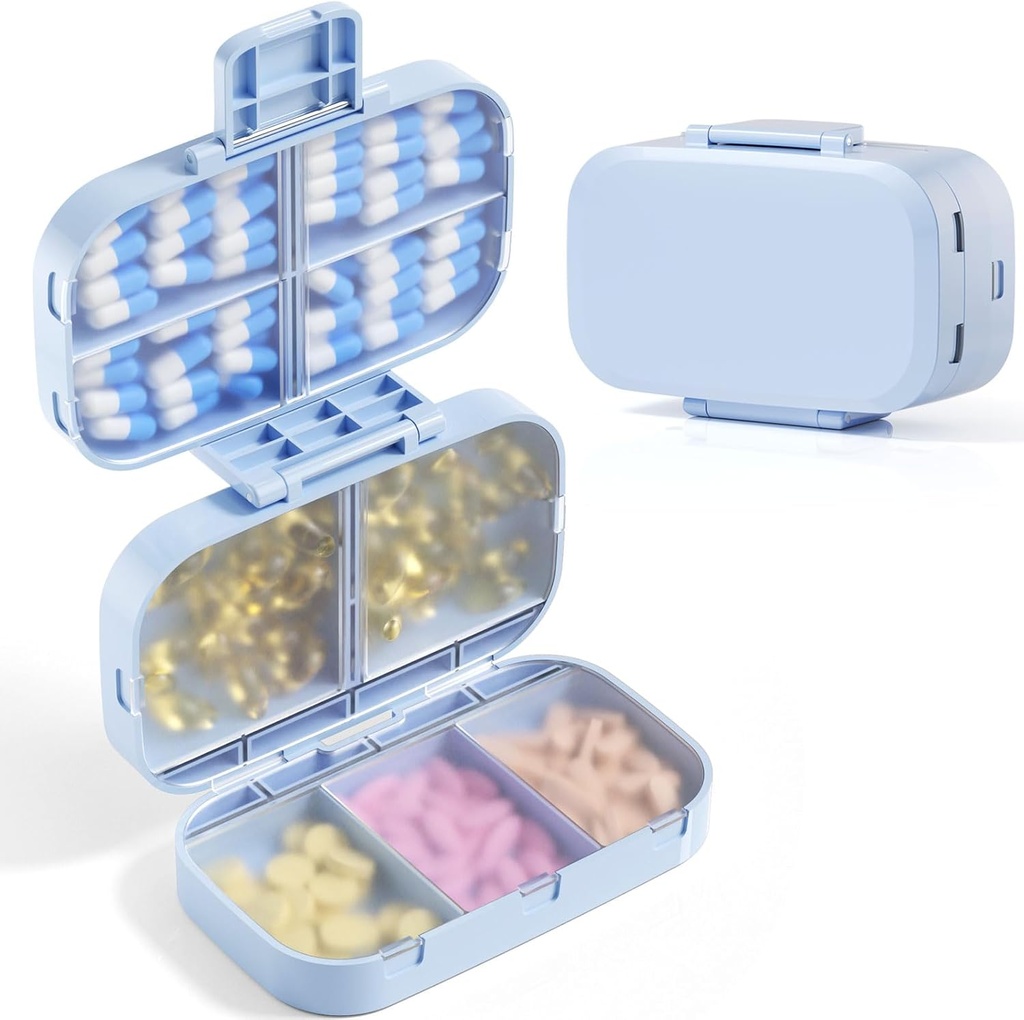 MEACOLIA Triple Folding Pill Organizer, 9 Compartments Travel Pill Case with Large Capacity, Daily Pill Box Small Pill Container for Vitamin, Cod Liver Oil,Supplements (Blue)