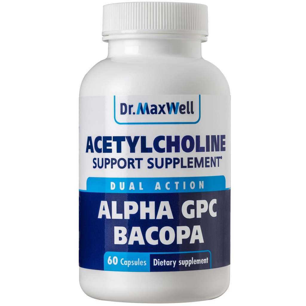 Dr. Maxwell Acetylcholine, Alpha GPC Choline 600mg + Bacopa, Better Than Each Alone. More Reliable Acetylcholine (Supports Memory & Learning) Supplement, 60 Capsules