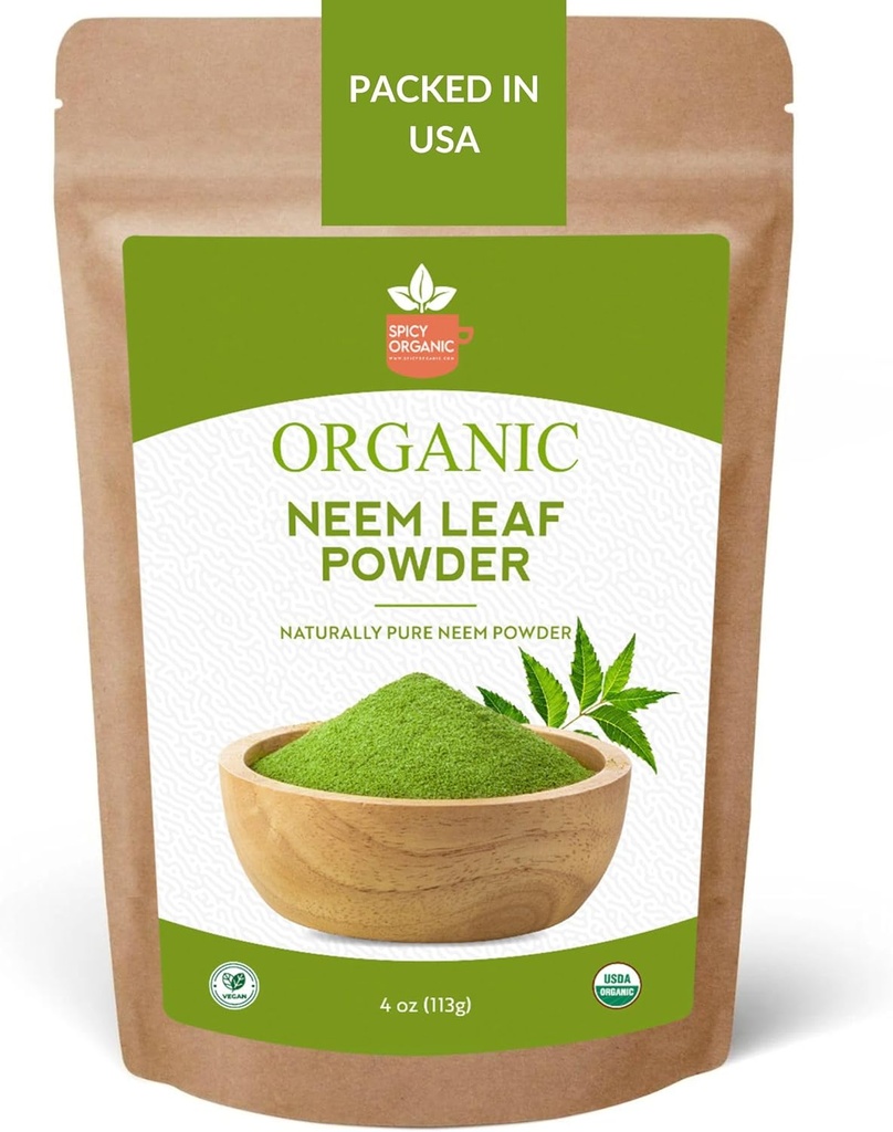 SPICY ORGANIC Neem Powder – 4 oz. - Certified USDA Organic -Non-GMO - Φρέσκα Αποξηραμένα φύλλα Neem Σκόνη για υγιή μαλλιά και δέρμα - Azadirachta Indica Ayurvedic Herb για τη συνολική ευεξία