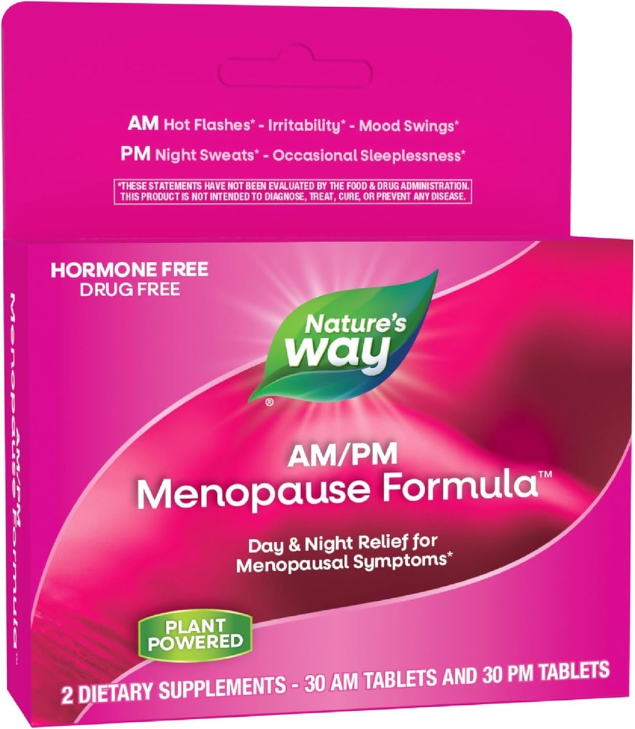Nature's Way AM/PM Συμπληρώματα εμμηνόπαυσης για γυναίκες, Hot Flash Relief*, Night Sweats*, Restful Sleep*, Mood Swings*, Hormon-free Formulas με Black Cohosh, Theanine, Valerian, 60 Tablets