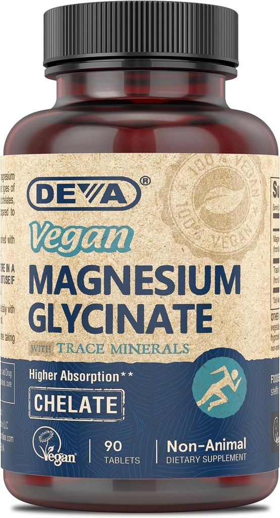 DEVA Vegan Μαγνήσιο Γλυκινικό 300mg ανά μερίδα με Trace Minerals, Υψηλότερη Απορρόφηση, Χηλικό Μαγνήσιο, 90 δισκία