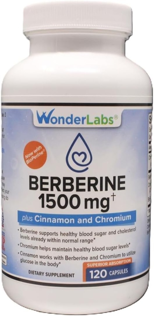 Wonder Laboratories Surperior Απορρόφηση Βερβερίνη HCL 1.500mg + Κανέλα, Χρώμιο, και BioPerine Συντήρηση για Γλυκόζη, Καρδιά & Ανοσοποιητικό Σύστημα Υγεία Γλουτένη & GMO Δωρεάν - 120 Κάψουλες