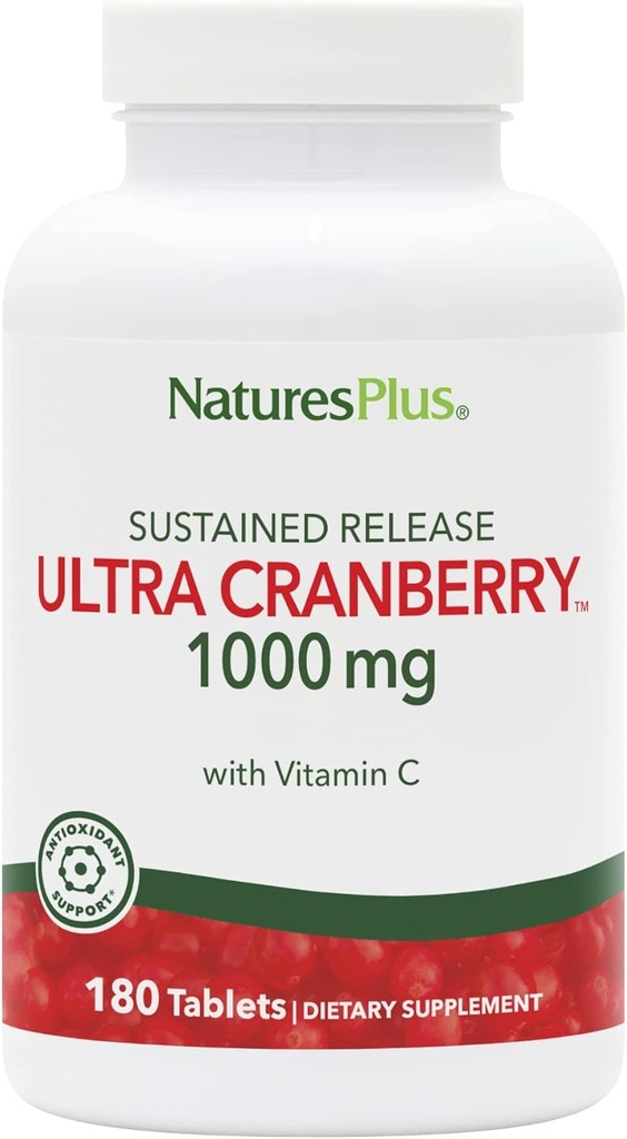 Natures Plus Ultra Cranberry 1000, Παρατεταμένη Κυκλοφορία - 1000 mg - Φυσικό Cranberry με Βιταμίνη C - Προάγει την Ουρολογική Φυλλαδική Υγεία - 180 Vegetarian Tablets (90 Services)