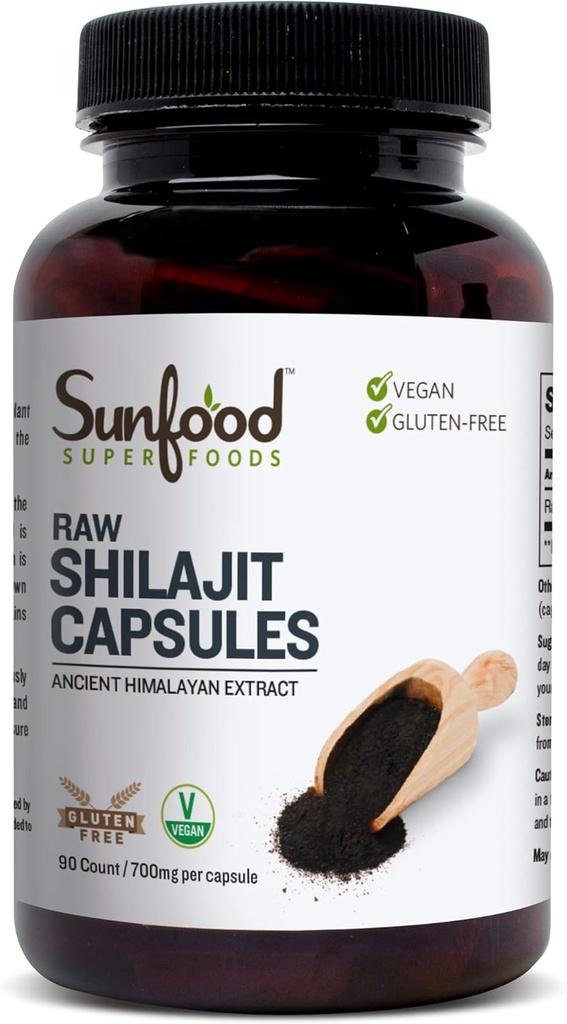 Sunfood Superfoods Shilajit Κάψουλες - Pure Shilajit Resin για γυναίκες & άνδρες, Αρχαίο εκχύλισμα Ιμαλαΐων με Fulvic Acid, Minerals, Shilajit Powder Pills - 90 Κάψουλες