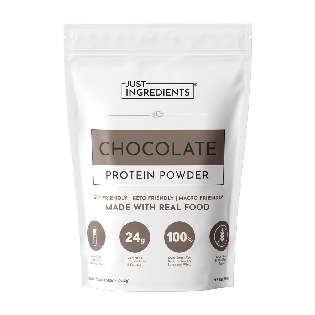 JUST INGREDIENTS Protein Powder - Chocolate, Grass-Fed Whey, Organic Whole Food Blend, Gluten-Free, Keto-Friendly - 15 Servings, 24g Protein