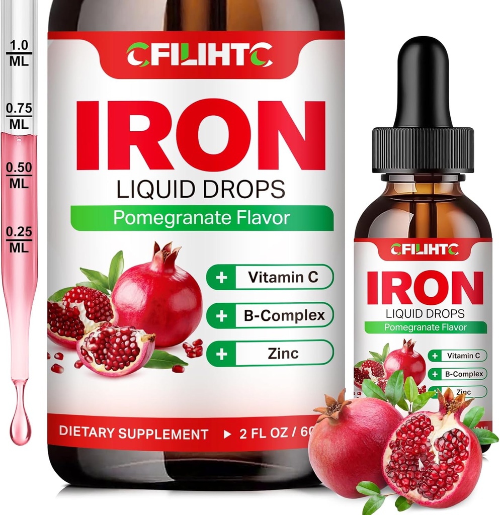 Liquid Iron Supplement for Women Men & Kids Multivitamin Iron Drops with Folate, Vitamin C, B6, B12, Zinc for Anemia, Iron Deficiency, Blood Builder, Energy - Natural Pomegranate Flavor, Vegan 2 Fl Oz