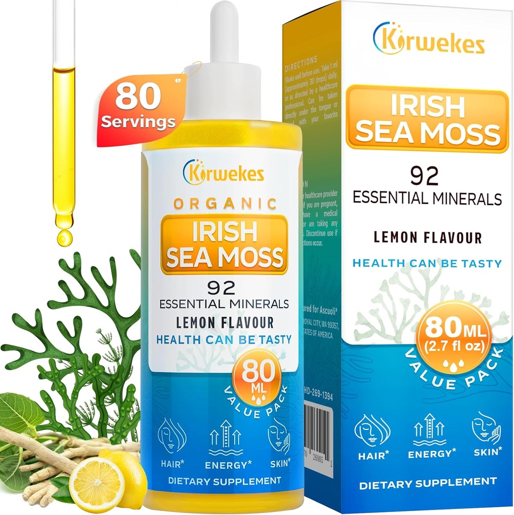 Sea Moss & Ashwagandha Root Drops - 10X Stronger Seamoss & Ashwagandha για γυναίκες & άνδρες, Sea Moss Drops for Mood, Immunity, Digestive, Energy, Skin, Hair Joint(Lemon Flavour - 80 Servings