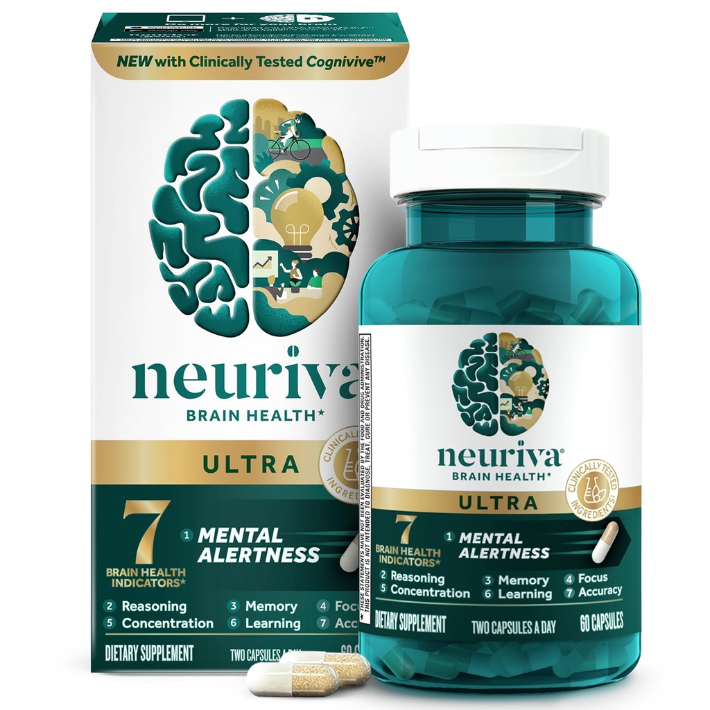 NEURIVA Ultra Decaffeinated Clinically Tested Nootropic Brain Supplement for Mental Alertness, Memory, Focus & Concentration, Cognivive, Neurofactor, Phosphatidylserine, Vitamins B6 B12, 60 Κάψουλες