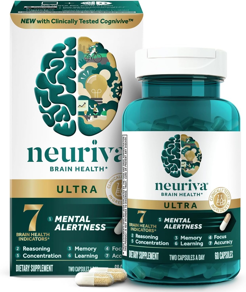 NEURIVA Ultra Decaffeinated Clinically Tested Nootropic Brain Supplement for Mental Alertness, Memory, Focus & Concentration, Cognivive, Neurofactor, Phosphatidylserine, Vitamins B6 B12, 60 Κάψουλες