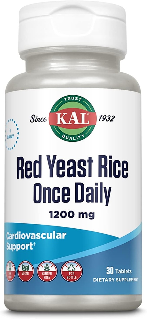 KAL Red Yeast Rice Once Daily 1200mg, Καρδιαγγειακή Υποστήριξη* Συμπλήρωμα με φυσικά Ωορατά Λιπαρά Οξέα, Αμινοξέα & Φυτοθρεπτικά συστατικά, Vegan, Χωρίς Γλουτένη, 30 Μερίδες, 30 δισκία