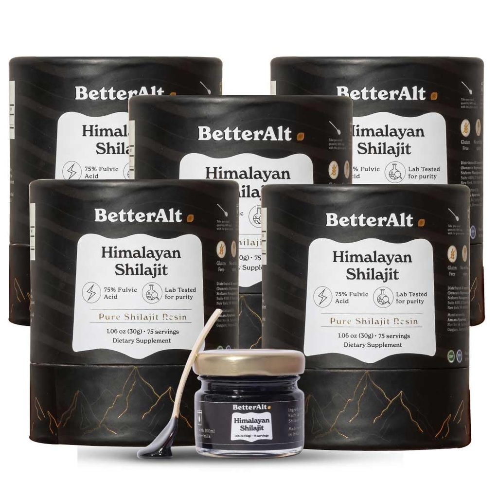 Better Alt Pure Imalayan Shilajit Resin Pack 5 Υψηλής ισχύος χρυσό βαθμού 375 Υπηρεσίες για την ενίσχυση της ενέργειας & ανοσοποιητική υποστήριξη, 85+ Trace Minerals, 75%+ Fulvic Acid, με εργαστηριακή έκθεση δοκιμών,400 mg