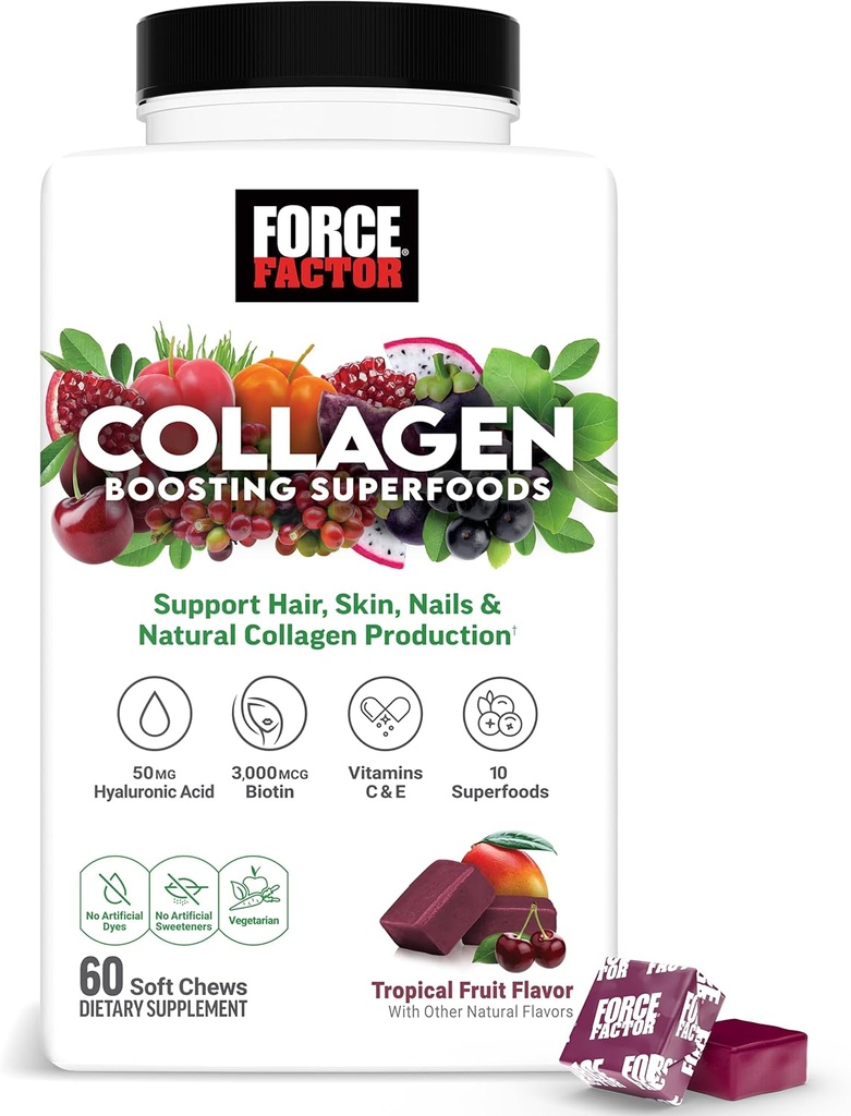 Force Factor Collagen Booting Superfoods, Vegan Collagen Booster για τις γυναίκες, με Βιοτίνη, Υαλουρονικό οξύ, και βιταμίνη C, για τα μαλλιά, το δέρμα, τα νύχια, και κοινή υποστήριξη, Τροπικά φρούτα, 60 μαλακά μάσημα