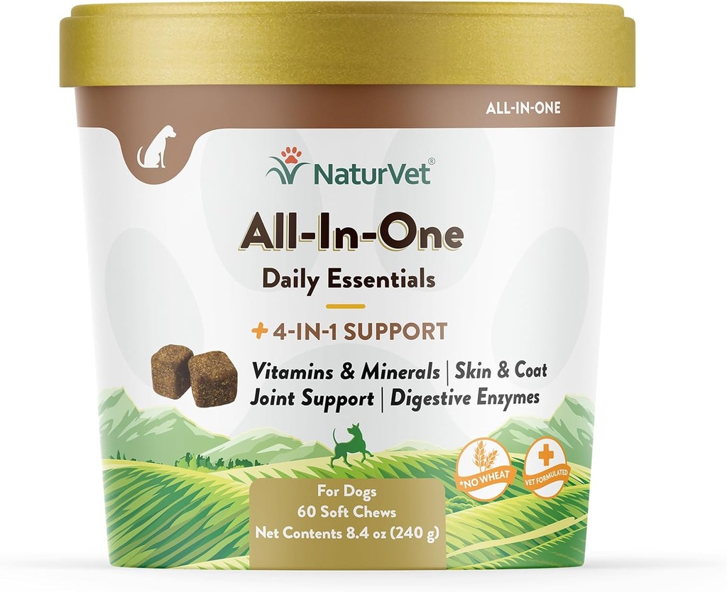 NaturVet All-in-One Dog Supplement - για την κοινή υποστήριξη, πέψη, δέρμα, περιποίηση γάζας – Πολυβιταμίνες σκύλου με Ορυκτά, Ωμέγα-3, 6, 9 – Βιταμίνες χωρίς σιτάρι για σκύλους – 60 Μαλακές Μασούσες