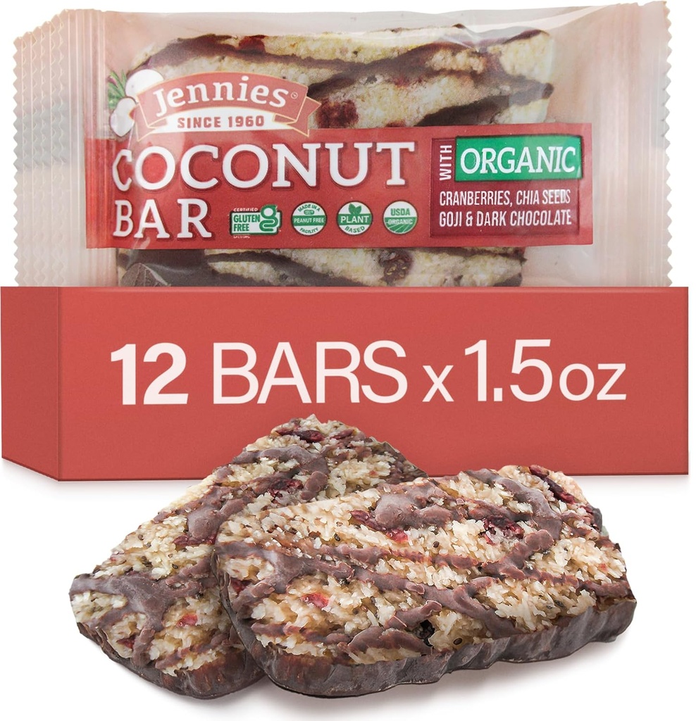 Jennies Raw Organic Goji Moji Coconut Bar, 1.5oz (12 Pack) | Peanut Free | Gluten Free
