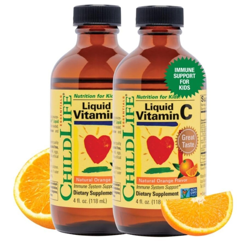 CHILDLIFE ESSENTIALS Liquid Vitamin C - Pure Vitamin C Liquid Supplement for Kids, Immune System Support, Natural Orange Flavor, 4 Fl Oz (Pack of 2)