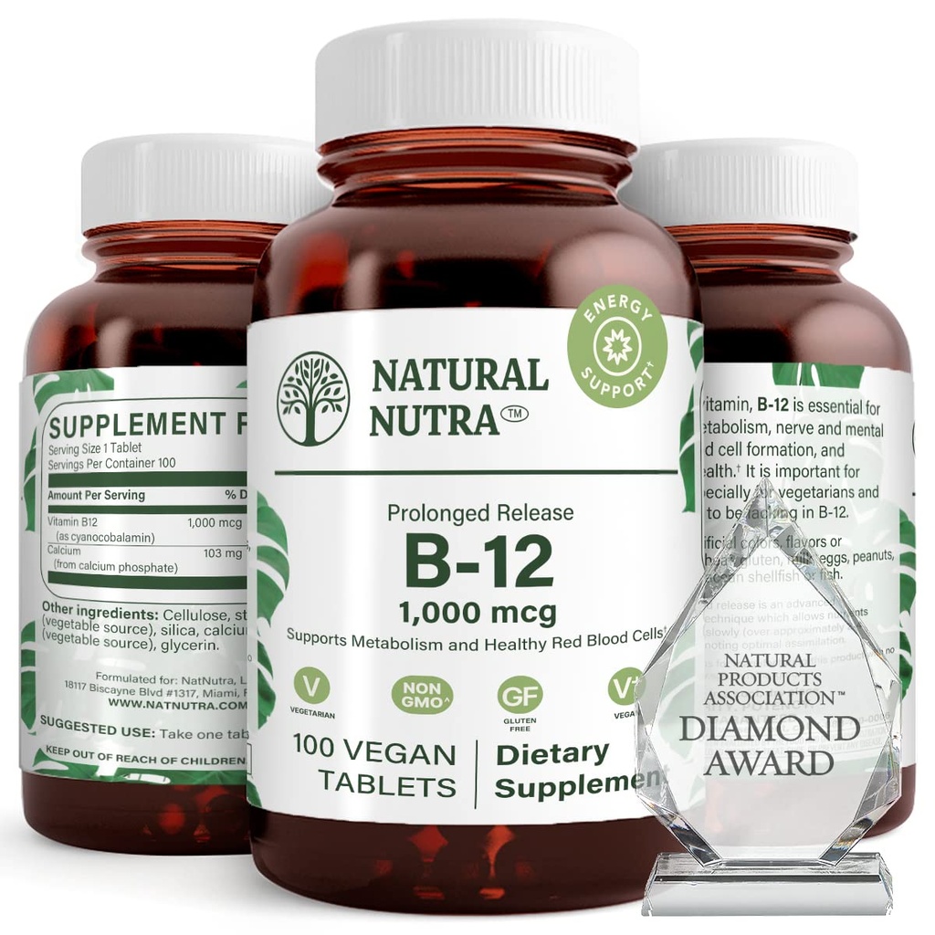 Natural Nutra Vitamin B12 1000 mcg, Προώθηση της υγείας της καρδιάς & των νεύρων, Cobalamin B12 συμπλήρωμα, Φωσφορικό ασβέστιο, Βοήθεια στο Μεταβολισμό Υγεία, Βέλτιστη Απορρόφηση, Χωρίς γλουτένη, Χωρίς ζάχαρη, 100 Vegan δισκία