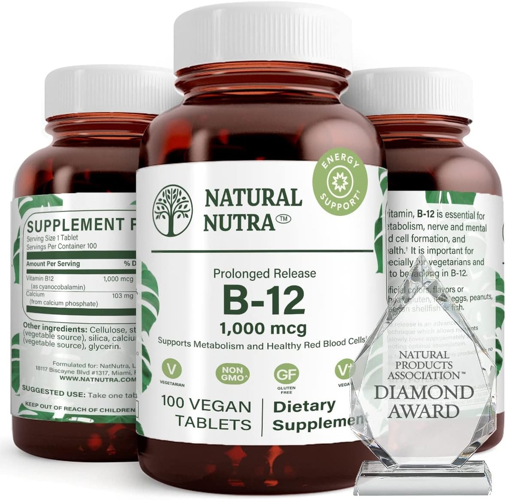 Natural Nutra Vitamin B12 1000 mcg, Προώθηση της υγείας της καρδιάς & των νεύρων, Cobalamin B12 συμπλήρωμα, Φωσφορικό ασβέστιο, Βοήθεια στο Μεταβολισμό Υγεία, Βέλτιστη Απορρόφηση, Χωρίς γλουτένη, Χωρίς ζάχαρη, 100 Vegan δισκία
