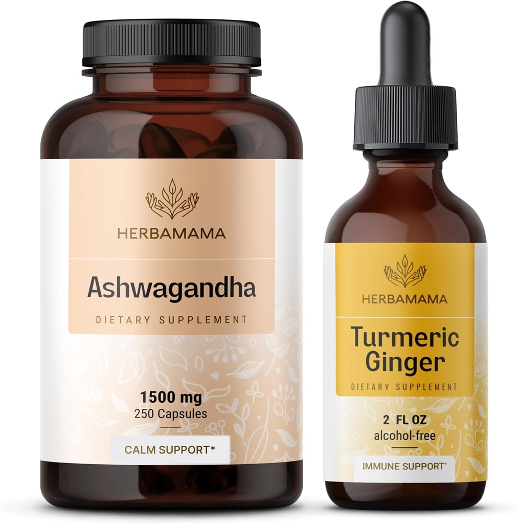 HERBAMAMA Ashwagandha και Turmeric Ginger Kit - Bundle των 1500 mg Ashwagandha Root Κάψουλες & Turmeric Ginger Βάμμα 2 fl oz - Vegan, Μη-GMO, Ζάχαρη & Αλκοόλ- Δωρεάν - 2 Συσκευασία