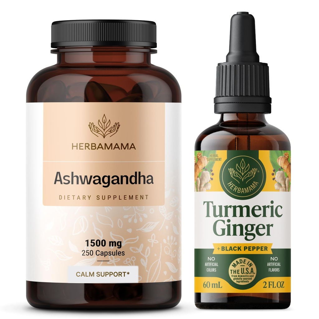 HERBAMAMA Ashwagandha και Turmeric Ginger Kit - Bundle των 1500 mg Ashwagandha Root Κάψουλες & Turmeric Ginger Βάμμα 2 fl oz - Vegan, Μη-GMO, Ζάχαρη & Αλκοόλ- Δωρεάν - 2 Συσκευασία