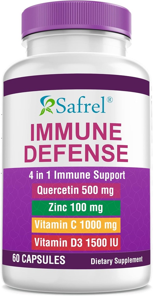 Safrel Strong Immune Support, Quercetin 500 mg, Zinc Picolinate100 mg, VitamatiC 1000 mg, Vitamin D3 1000 IU, 60 Capsules, 1 Month Supply | Made in USA | Vegan