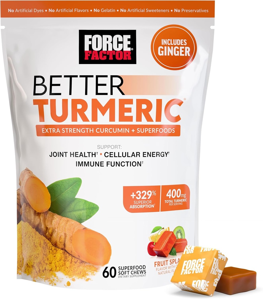 FORCE FACTOR Better Turmeric Supplement 400mg με Black Pepper & Ginger, Extra Strength Joint Support, Superior Απορρόφηση, όπως Turmeric Gummies, Fruit Splash, 60 Turmeric Chews