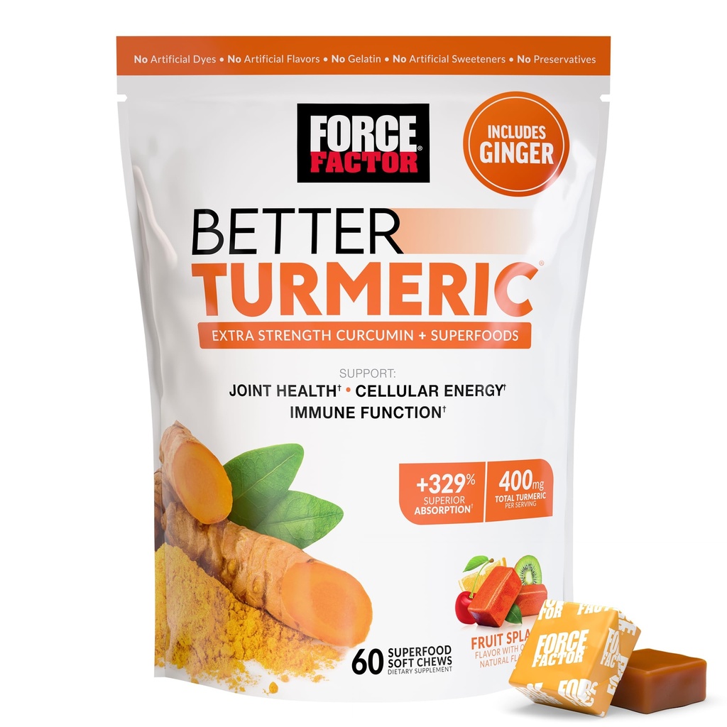 FORCE FACTOR Better Turmeric Supplement 400mg με Black Pepper & Ginger, Extra Strength Joint Support, Superior Απορρόφηση, όπως Turmeric Gummies, Fruit Splash, 60 Turmeric Chews