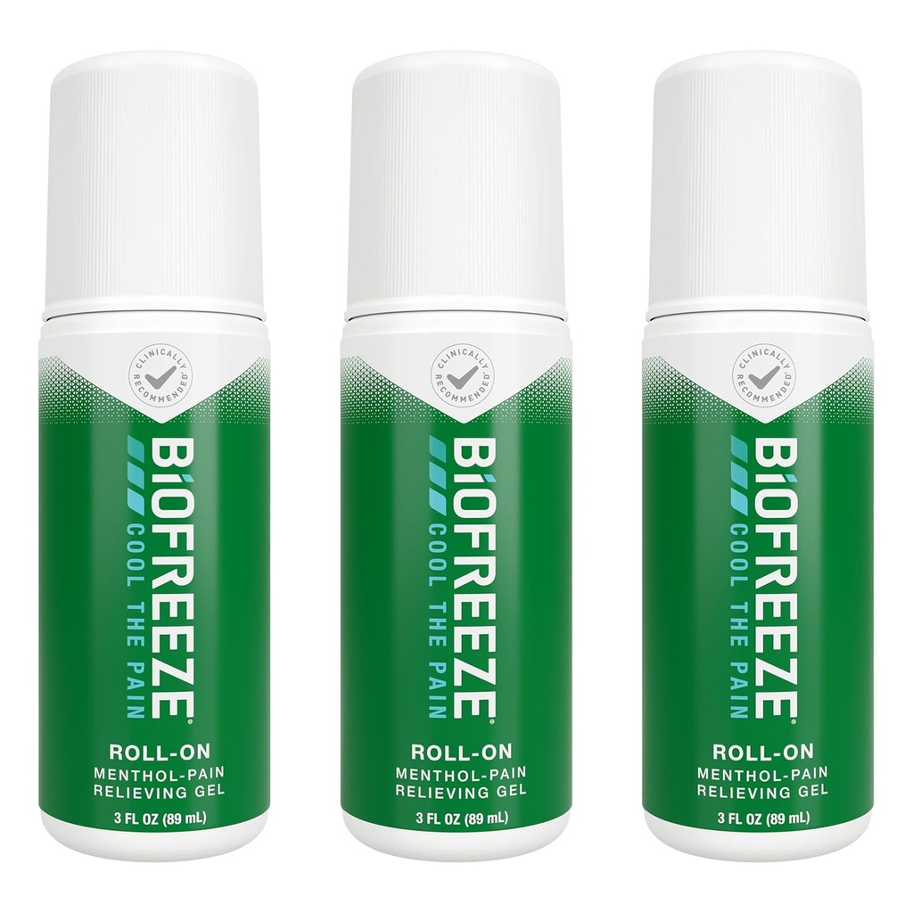 Biofreeze Roll on Pain Reliver για γόνατο, λαιμό, Hip, Joint, ώμος, & απλός πόνος πλάτης, Αρθρίτιδας Reliever, Sore μυϊκή ανακούφιση, Roll On Menthol Gel 3 Fl Oz (Pack of 3)