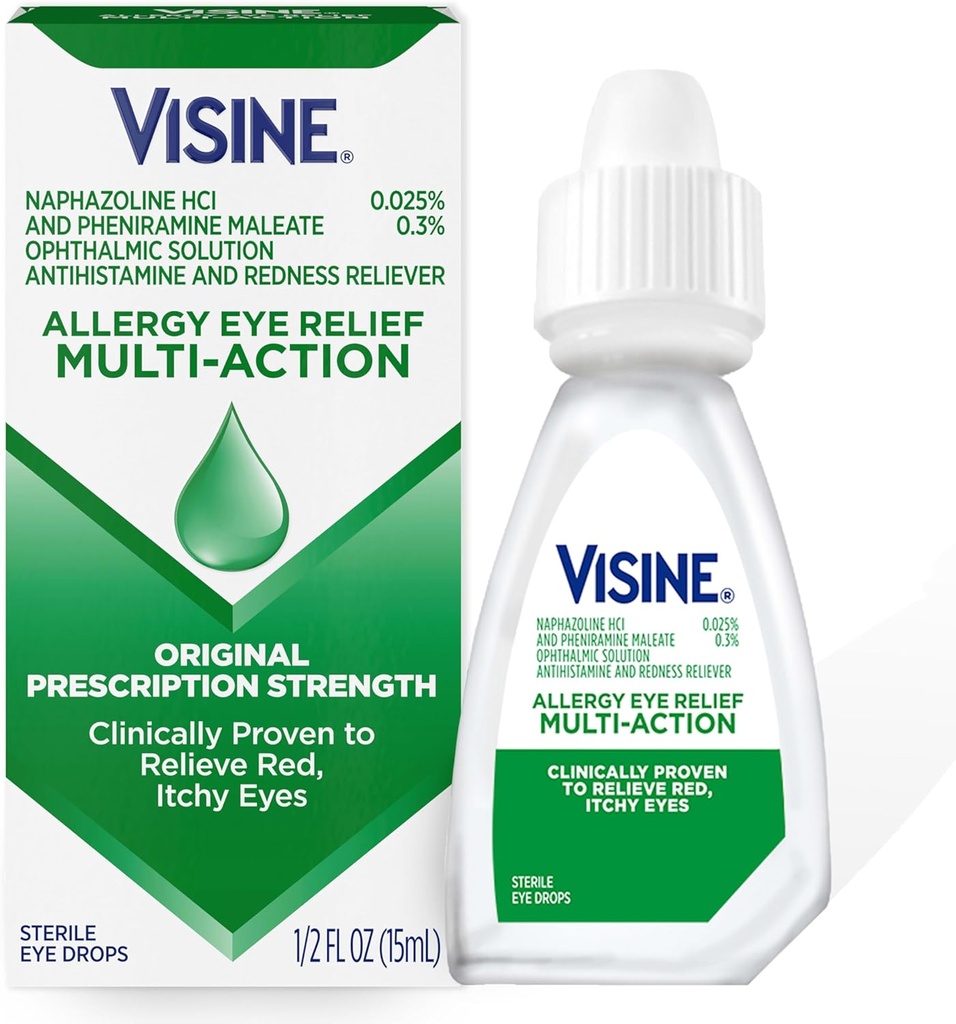 Visine Allergy Eye Relief Multi-Action Antihistamine & Redness Reliever Eye Drops with Pheniramine Maleate & Naphazoline HCl, Allergy Eye Drop Treatment for Red, Itchy Eyes, 0.5 fl. oz