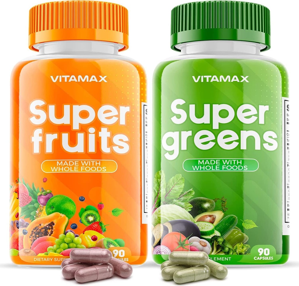 Vitamax Super Συμπληρώματα φρούτων και λαχανικών – Ολόκληρες βιταμίνες & ορυκτά τροφίμων – 90 Veggie και 90 κάψουλες φρούτων για γυναίκες, άνδρες και παιδιά - Χωρίς σόγια – Made in The USA