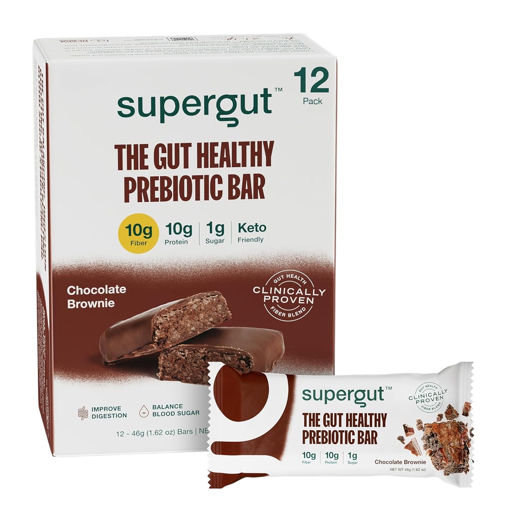 Supergut GLP-1 Boosting Prebiotic Bars, Chocolate Brownie - Gut Healthy Protein Snacks & Breakfast Bars - Keto-Friendly Meal Replacement Energy Bars (12 Count)