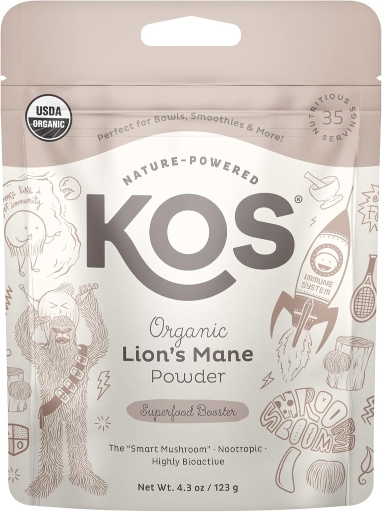 KOS Organic Lion's Mane Powder - Natural Nootropic Superfood to Support Focus - Vegan Functional Mushroom, Plant Based, USDA Certified, Non-GMO, Soy & Gluten-Free - 35 Servings Bag