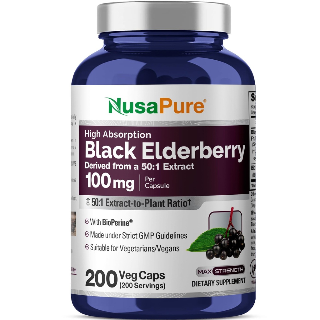 NusaPure Black Elderberry 50:1 Extract, 100 mg Ισοδύναμο με 5.000 mg ανά κάψουλες Veggie, 200 Count (Non-GMO, Bioperine) Sambucus Supplement
