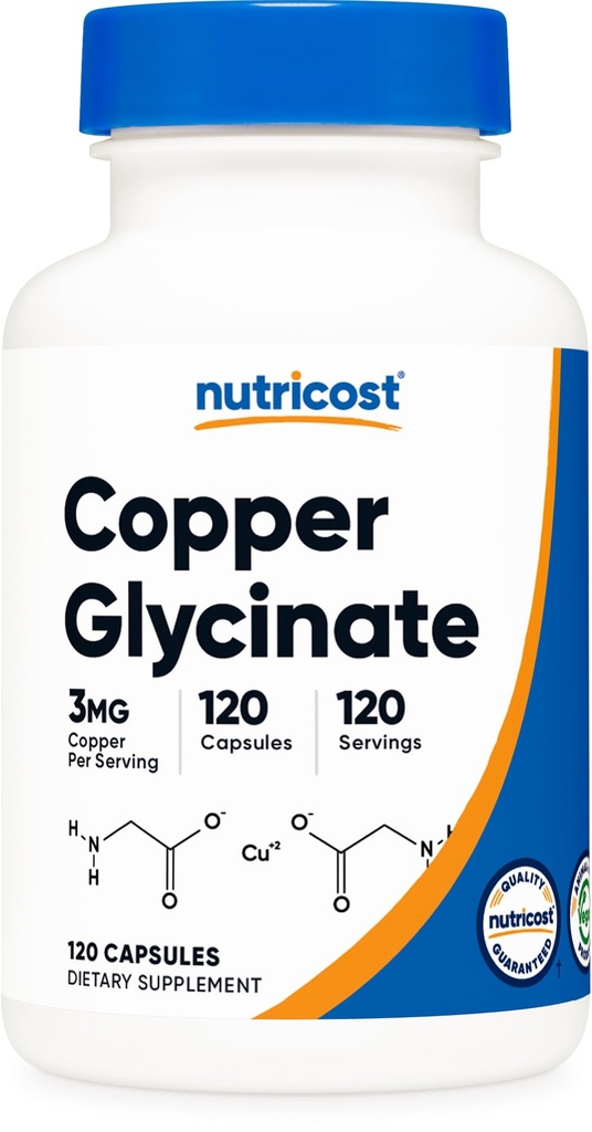 Κάψουλες Γλυκινικού Χαλκού Nutricost (120 κάψουλες, 3MG χαλκού ανά υπηρεσία) - Μη ΓΤΟ, Vegan