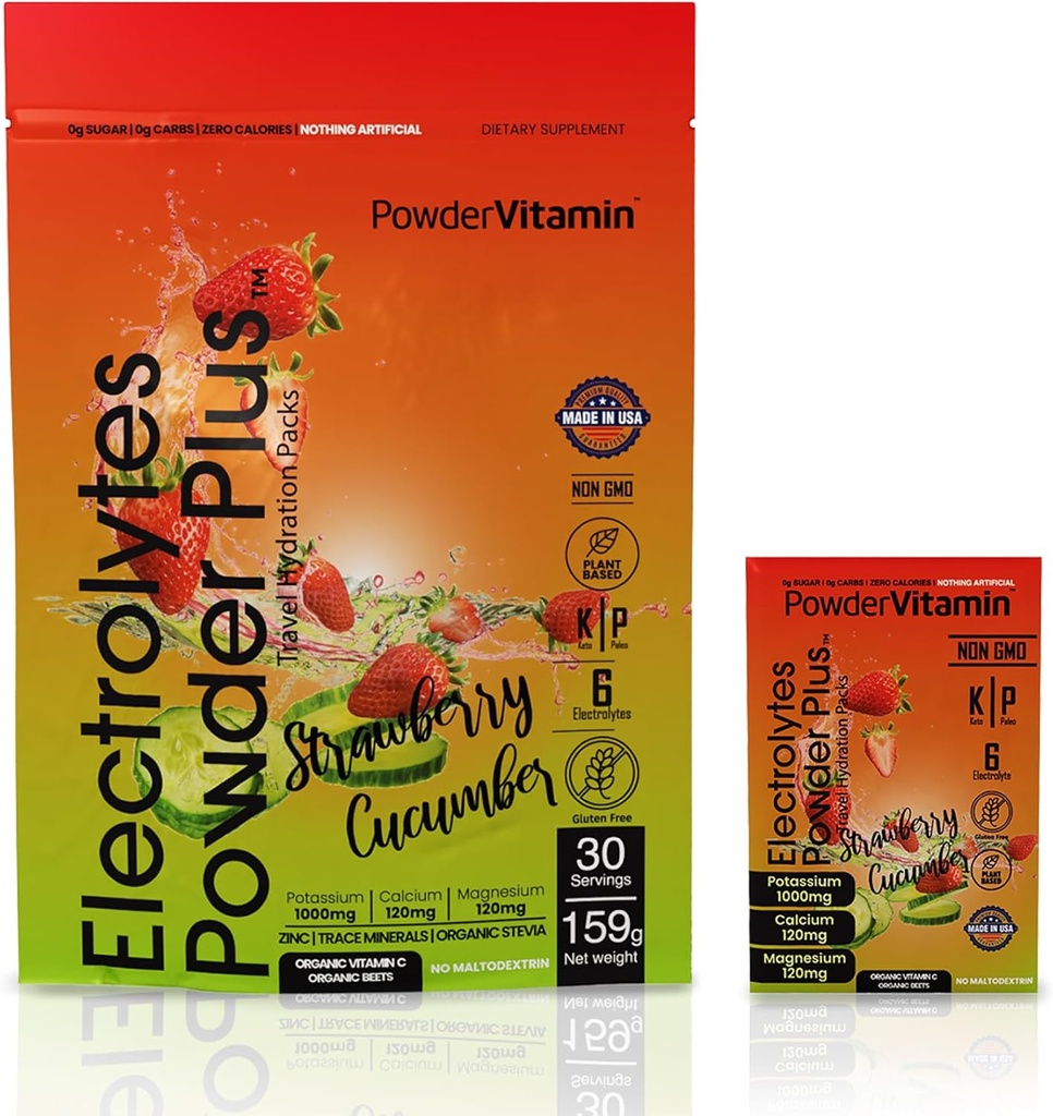 PowerVitamin Electrolytes Powder Packets - Αγγούρι φράουλας - Keto Electrolytes for Daily Energy - Hydration Powder with 1000mg Κάλιο, 120mg Μαγνήσιο, Μηδέν θερμίδες - 30 Πακέτα ενυδάτωσης