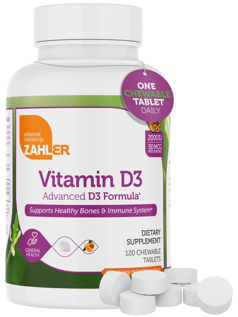Zahler Βιταμίνη D3 CHEWABLE 2000IU, ένα Όλα-Φυσικό συμπλήρωμα Στοχεύοντας Ανεπάρκειες Βιταμίνης D, Certified Kosher, 120 Great Tasting Orange Γευστικά δισκία