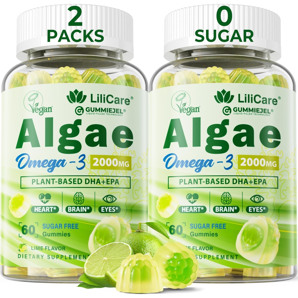Ωμέγα 3 Gummies 2200mg από Algae Oil (DHA 640mg & EPA 290mg) για γυναίκες & άνδρες, Vegan Omega 3 Fish Oil Εναλλακτική, w/CoQ10, Ασταξανθίνη, Βιταμίνη Α, Ε, D3 για εγκέφαλο, μάτι, αντιοξειδωτικό, Χωρίς ζάχαρη 2Packs