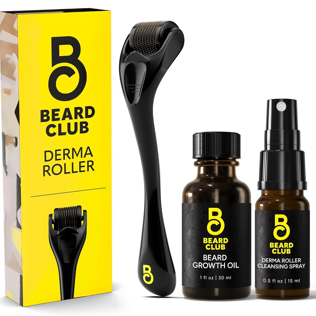 The Beard Club Derma Roller, Growth Oil & Cleansing Spray for Face, Body and Scalp - Microneedling for Men and Women With 540 Titanium Microneedles