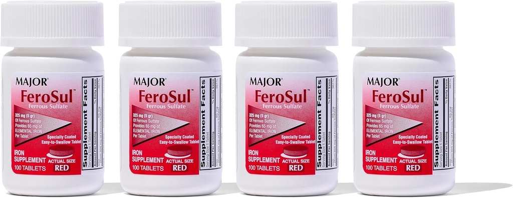 Major FeroSul - Σιδήρου Sulfate 325 mg δισκία - Συμπλήρωμα σιδήρου για γυναίκες και άνδρες - Ειδικά Επικαλυμμένα δισκία Easy- to- Swallow - Red - 100 Count (4 Pack)