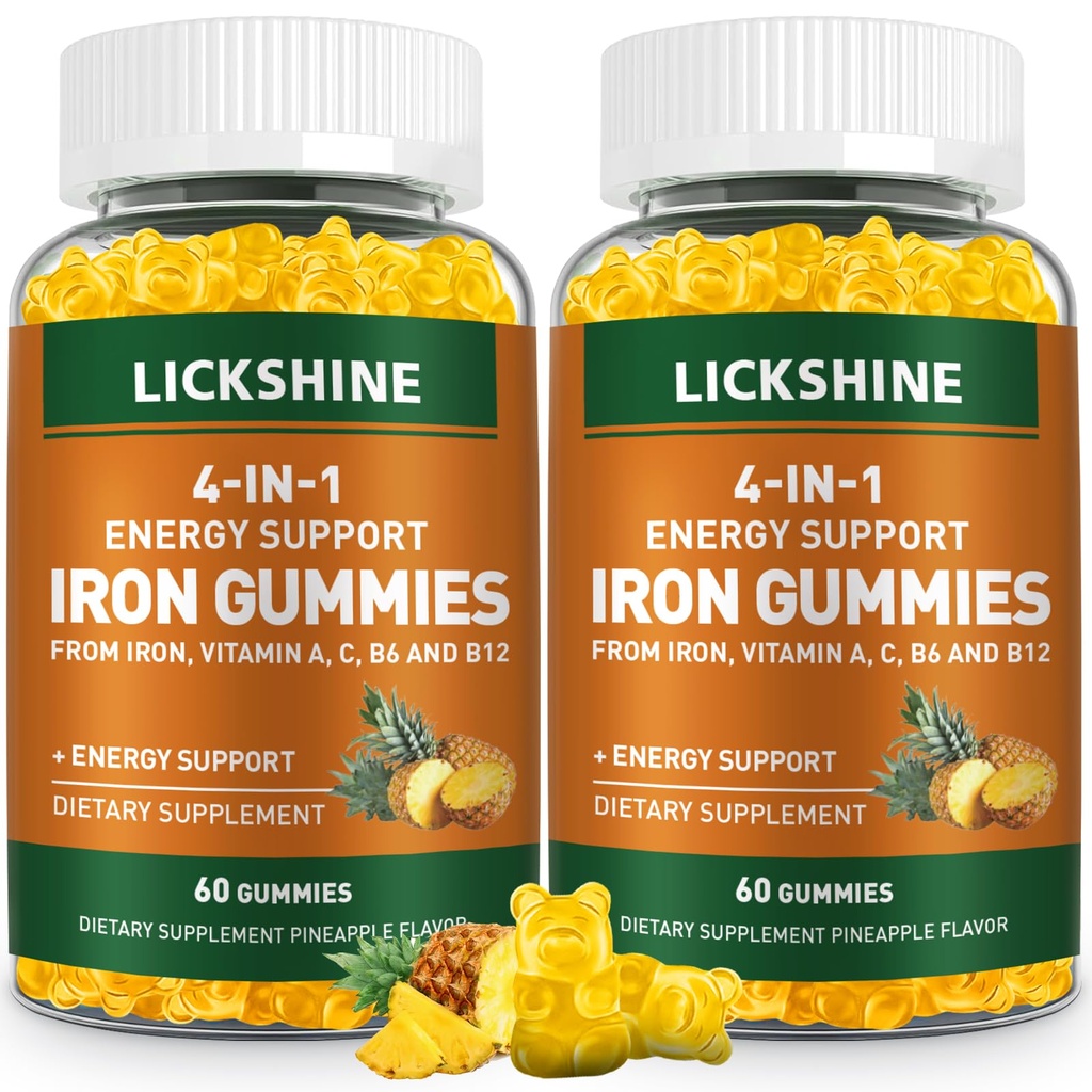 2 Πακέτο Vegan 100MG Συμπληρώματα σιδήρου Gummies για γυναίκες & άνδρες - με βιταμίνη C, Α, Β για ενήλικες & παιδιά - Ενεργειακή υποστήριξη για την έλλειψη σιδήρου, αναιμία - Ανανάς Γεύση (120 Ct)